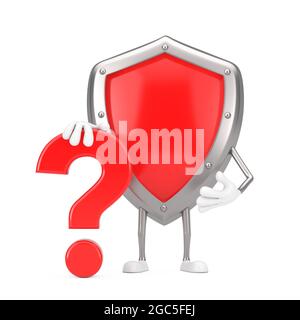 Red Metal protection Shield personne personnage Mascot avec Red question Mark signe sur fond blanc. Rendu 3d Banque D'Images