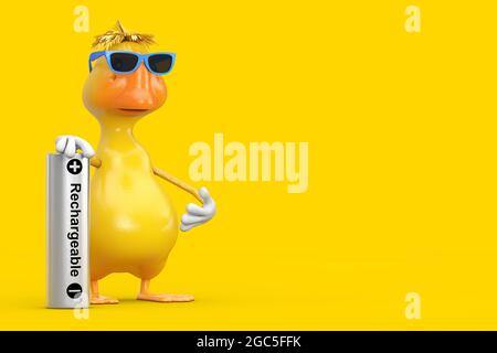 Adorable mascotte de personnage de canard jaune avec batterie rechargeable sur fond blanc. Rendu 3d Banque D'Images