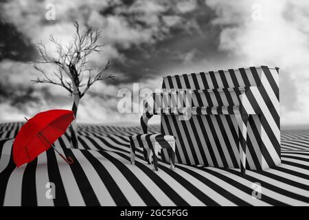 Abstrait Noir et blanc Paysage dépouillé avec Piano, arbre mort et parasol rouge contrasté sur un fond spectaculaire de ciel. Rendu 3d Banque D'Images