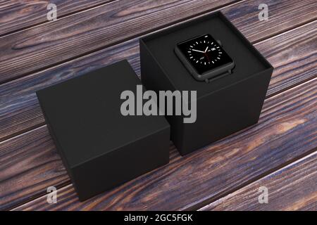 Montre Smart Watch moderne noire avec bandoulière et coffret cadeau noir sur une table en bois. Rendu 3d Banque D'Images