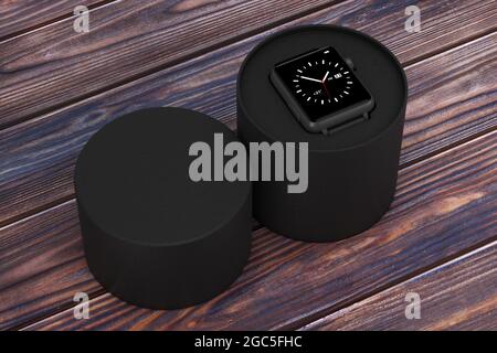 Montre Smart Watch moderne noire avec bandoulière et coffret cadeau noir sur une table en bois. Rendu 3d Banque D'Images