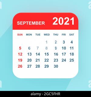 Calendrier de septembre 2021 avec icône plate sur fond bleu. Rendu 3d Banque D'Images