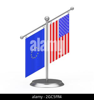 Deux drapeaux de bureau Fabric USA et Union européenne sur socle en acier sur fond blanc. Rendu 3d Banque D'Images