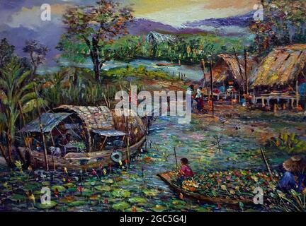 peint à la main original impressionnisme chefs-d'œuvre peintre art contemporain peinture à l'huile campagne thaïlande paysage campagne Banque D'Images
