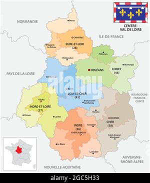 Carte vectorielle administrative de la région Centre-Val de Loire avec drapeau Illustration de Vecteur