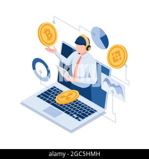 Flat 3d Isometric Online Investment experts expliquant le Bitcoin et d'autres crypto-monnaies. Expert en investissement financier et concept de crypto-monnaie. Illustration de Vecteur