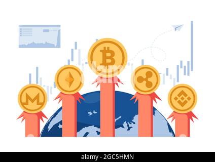Bitcoin et la fusée de crypto-monnaie volante hors du monde. Investissement en crypto-monnaie et technologie blockchain. Illustration de Vecteur