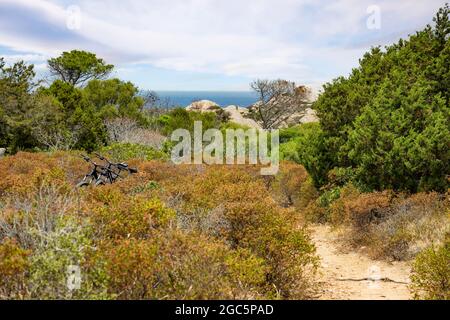 (Mise au point sélective) deux VTT sont garés sur un sentier menant à Cala Caprarese situé dans la belle île de Caprera dans la Maddalena Banque D'Images