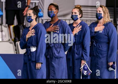 Tokyo, Japon. 07e août 2021. TOKYO, JAPON - AOÛT 7 : Maggie Steffens des États-Unis, Ashleigh Johnson des États-Unis, Maddie Musselman des États-Unis, Melissa Seidemann des États-Unis lors du tournoi de water-polo olympique de Tokyo 2020 la médaille d'or des femmes entre l'Espagne et les États-Unis au Tatsumi Waterpolo Centre le 7 août, 2021 à Tokyo, Japon (photo de Marcel ter Bals/Orange Pictures) crédit: Orange pics BV/Alay Live News Banque D'Images
