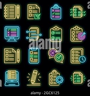 Icônes d'affectation définies. Ensemble de contours d'icônes vectorielles d'affectation couleur néon sur noir Illustration de Vecteur