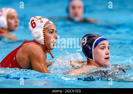 Tokyo, Japon. 07e août 2021. TOKYO, JAPON - AOÛT 7 : Irene Gonzalez d'Espagne, Aria Fischer des États-Unis pendant le tournoi olympique de Tokyo 2020, la médaille d'or des femmes entre l'Espagne et les États-Unis au centre de Tatsumi Waterpolo le 7 août 2021 à Tokyo, Japon (photo de Marcel ter Bals/Orange Pictures) crédit : Orange pics BV/Alay Live News Banque D'Images