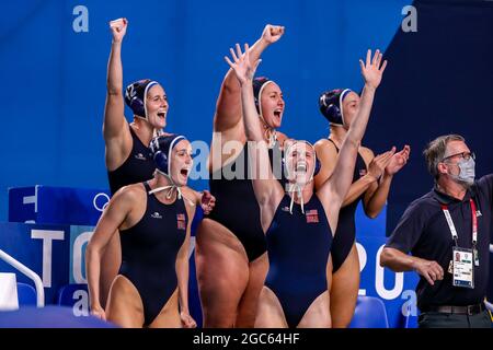 Tokyo, Japon. 07e août 2021. TOKYO, JAPON - AOÛT 7 : Alys Williams des États-Unis, Makenzie Fischer des États-Unis, Stephania HARALABIDIS des États-Unis, Melissa Seidemann des États-Unis, Amanda Longan des États-Unis lors du tournoi de water-polo olympique de Tokyo 2020 la médaille d'or féminine rencontre entre l'Espagne et les États-Unis au centre de Waterpolo de Tatsumi le 7 août 2021 à Tokyo, Japon (photo de Marcel ter Bals/Orange Pictures) crédit: Orange pics BV/Alay Live News Banque D'Images
