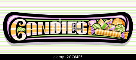 Banderole vectorielle pour bonbons, panneau d'affichage décoratif foncé avec illustration de l'emballage assorti et des bonbons mignons ronds, ajoutez un bon d'échange avec une brosse lette unique Illustration de Vecteur