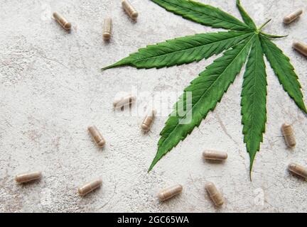 Pilules de CBD. Groupe de capsules claires de cannabidiol CBD et de feuilles de chanvre sur fond de béton Banque D'Images