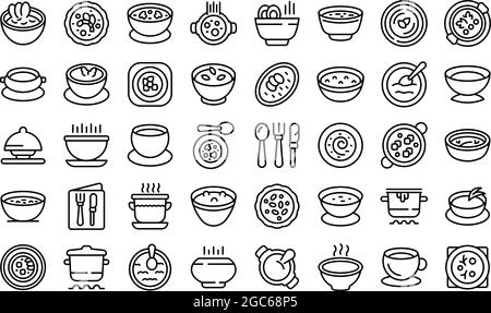 Les icônes de soupe à la crème définissent un vecteur de contour. Soupe de repas. Bol à crème Illustration de Vecteur