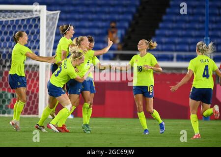 Tokyo, Japon. 06e août 2021. Stina BLACKSTENIUS (SWE) célèbre son but lors des Jeux Olympiques Tokyo 2020, match de médaille d'or des femmes de football entre la Suède et le Canada le 6 août 2021 au Stade International Yokohama à Yokohama, Japon - photo Kishimoto / DPPI crédit: Independent photo Agency/Alay Live News Banque D'Images