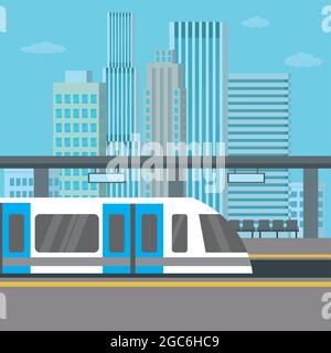 Station de métro ou de Skytrain, métro de la ville, vue sur la ville avec gratte-ciel sur l'arrière-plan, illustration vectorielle plate Illustration de Vecteur