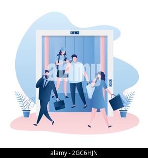 Ascenseur ou ascenseur avec portes ouvertes, différentes personnes dans l'ascenseur et autour, les personnages d'affaires et de shopping, illustration vectorielle de style tendance Illustration de Vecteur