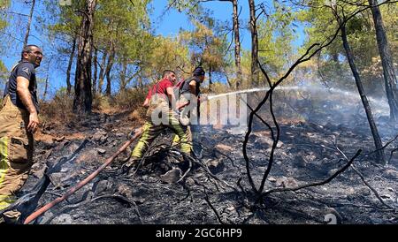 Milas, Turquie. 07e août 2021. Les équipes de l'IMM (municipalité métropolitaine d'Istanbul) qui travaillent aux feux de forêt qui ont commencé dans le district de Manavgat d'Antalya et autour des districts de Marmaris et Bodrum de Mugla, se poursuit le sixième jour. L'équipe de İBB travaille dans la région dans des conditions difficiles avec 273 personnes, 44 véhicules et du matériel. Une équipe de 8 personnes, dont 6 vétérinaires, se trouve dans la région pour sauver nos chers amis et soigner les blessés. L'équipe de Mugla Bodrum de l'IMM est également intervenue dans les incendies autour de la centrale thermique Kemerkoy hier et le travail se poursuit Banque D'Images