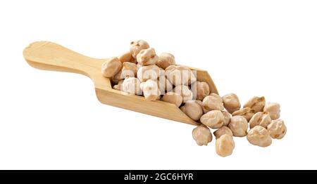 Grains de pois chiches non cuits biologiques dans une cuillère en bois. Pois chiches séchés isolés sur fond blanc. Banque D'Images