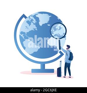 Grand globe avec carte et le voyageur masculin regarde dans une loupe, le concept d'itinéraire de voyage, homme hipster avec bagages, illustration de style de vecteur tendance Illustration de Vecteur