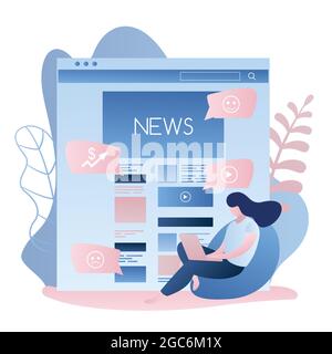 Page Web avec des nouvelles et la beauté féminine avec ordinateur portable, la femme lisant des sites de nouvelles, style branché illustration vectorielle Illustration de Vecteur