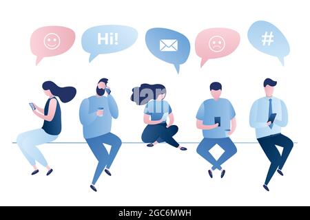 Groupe de personnes avec smartphones, parler et discuter sur les réseaux sociaux, personnages humains et bulles de parole signes isolés sur fond blanc, tendance Illustration de Vecteur