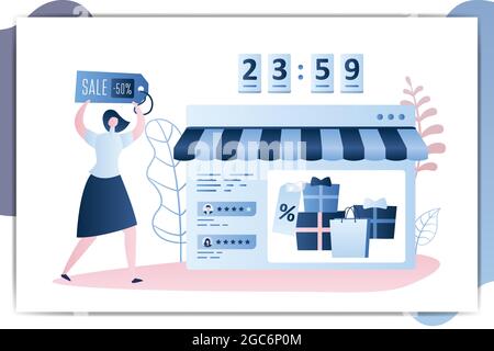 Boutique avec sacs de shopping et cadeaux, comptoir avec 24 heures de réduction, femme avec étiquette de vente, personnage de femme dans le style branché simple, vecteur illus Illustration de Vecteur