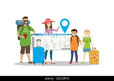 Des voyageurs en famille heureux avec leurs bagages et leur grande carte d'embarquement, drôle de concept de vacances, Illustration de Vecteur