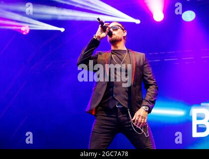 Boyzlife, Keith Duffy (Boyzone) et Brian McFadden (Westlife), Fantasia Festival, Maldon, Essex © Clarissa Debenham / Alamy Banque D'Images