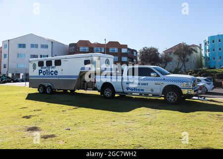 Sydney, Australie. Samedi 7 août 2021. Véhicule de police monté à Bondi Beach. Les restrictions de verrouillage pour le Grand Sydney ont été prolongées de quatre semaines jusqu'au 28 août en raison de la propagation de la variante Delta et pourraient être prolongées. Crédit : Paul Lovelace/Alamy Live News Banque D'Images