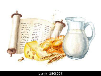 Torah, lait, pain, fromage et blé. Symbole de la fête juive de Shavuot. Illustration aquarelle dessinée à la main, isolée sur fond blanc Banque D'Images