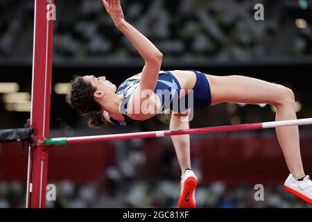 Tokyo, Japon. 7 août 2021. Mariya Lasitskene, du Comité olympique russe (ROC), participe à la finale de saut en hauteur des femmes aux Jeux Olympiques de Tokyo en 2020, à Tokyo, au Japon, le 7 août 2021. Crédit: Wang Lili/Xinhua/Alay Live News Banque D'Images