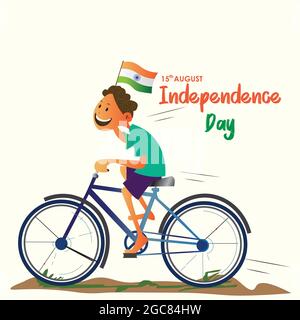 Illustration du jour de l'indépendance de l'Inde. Dans cette affiche, un petit garçon court un vélo et il tient le drapeau indien dans sa main Illustration de Vecteur