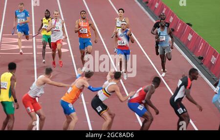 Tokyo, Japon. 7 août 2021. Les athlètes participent à la finale hommes 4x400m aux Jeux Olympiques de Tokyo 2020 à Tokyo, au Japon, le 7 août 2021. Credit: Li Gang/Xinhua/Alay Live News Banque D'Images