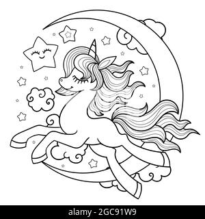 Licorne avec la lune. Illustration de lignes noires et blanches pour la coloration. Vecteur Illustration de Vecteur