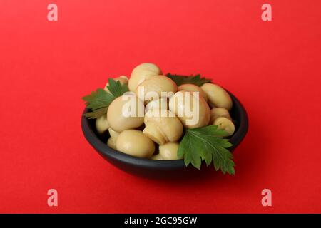 Bol de champignons marinés sur fond rouge Banque D'Images