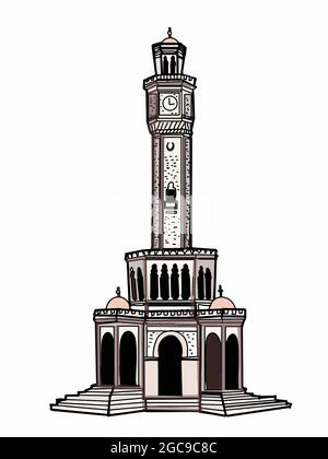 horloge tour illustration izmir texte turquie Banque D'Images