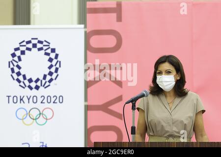 Tokyo, Japon. 07e août 2021. Le maire de Paris, Anne Hidalgo, a assisté à une réunion et à une conférence de presse tenues au Bureau du Gouvernement métropolitain de Tokyo pour annoncer la "Déclaration commune" entre le Gouvernement métropolitain de Tokyo et la ville de Paris. Le 7 août 2021 à Tokyo, Japon. (Photo de Kazuki Oishi/Sipa USA) crédit: SIPA USA/Alay Live News Banque D'Images