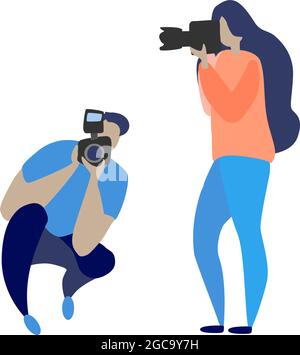 Divers photographes tenant un appareil photo et photographiant. Profession ou profession créative. Les personnages de dessin animé féminins et masculins mignons prennent des photos de l'illustration vectorielle colorée de style plat sur blanc. Illustration de Vecteur