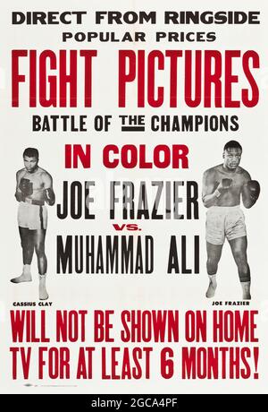 Affiche sport vintage – Joe Frazier vs. Muhammad Ali titre Fight, 1971, Fight Pictures, Battle of the Champions. Banque D'Images