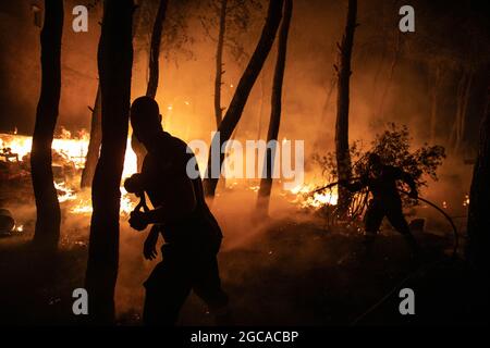 Athènes, Grèce. 7 août 2021. Les pompiers combattent un feu de forêt dans le nord d'Athènes, en Grèce, le 7 août 2021. Des feux de forêt dévastateurs continuent de brûler des milliers d'hectares de terres forestières à travers la Grèce. Credit: Lefteris Partsalis/Xinhua/Alamy Live News Banque D'Images