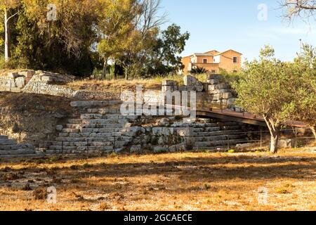 Sites de l'amphithéâtre romain ruines à Syracuse, Sicile, Italie. Banque D'Images