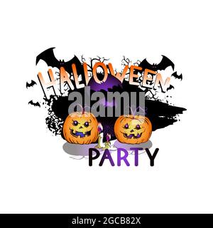 Illustration vectorielle avec citrouilles souriantes, chauves-souris, toile et lettrage Halloween Party sur fond blanc. Style de dessin animé. Illustration de Vecteur