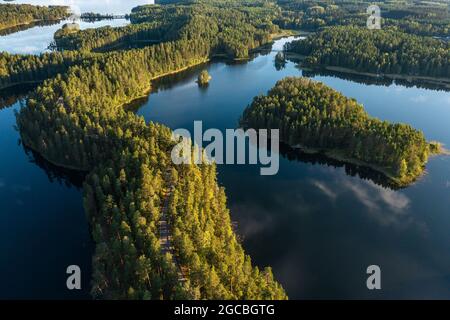 Lacs bleus et forêts vertes dans la réserve naturelle de Punkaharju en été en Finlande. Banque D'Images