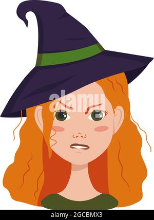 Avatar d'une femme aux cheveux rouges bouclés, aux émotions en colère, au visage furieux et aux lèvres purgés, portant un chapeau de sorcière. Fille avec des taches de rousseur en costume pour Halloween Illustration de Vecteur