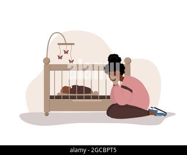 Dépression post-partum. Une femme africaine fatiguée est assise sur le sol près du berceau avec un nouveau-né. La jeune mère a besoin d'aide psychologique. Humeur Illustration de Vecteur