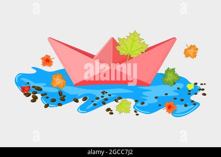 Bateau en papier avec feuilles d'érable dans une flaque isolée sur fond blanc. Concept d'automne. Navire origami. Icône de saison colorée. Illustration du vecteur de stock Illustration de Vecteur