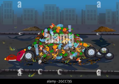 Décharge urbaine. Concept de problème de pollution de l'environnement. Vidage de la ville avec pile de déchets et de déchets en plastique. Décharge urbaine. Illustration du vecteur de stock Illustration de Vecteur