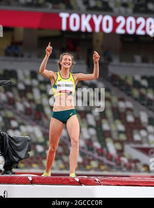 Tokyo, Japon. 07e août 2021. Nicola McDermott (AUS), jubilation, applaudissements, joie, encouragements, 2e place, médaille d'argent, médaille d'argent, médaillé d'argent, médaillé d'argent, Athlétisme, finale de saut en hauteur pour femmes, finale de saut en hauteur womenÕs, les Jeux Olympiques d'été 08/07/2021 2020, à partir de 23.07 . - 08.08.2021 à Tokyo/Japon. Credit: dpa/Alay Live News Banque D'Images